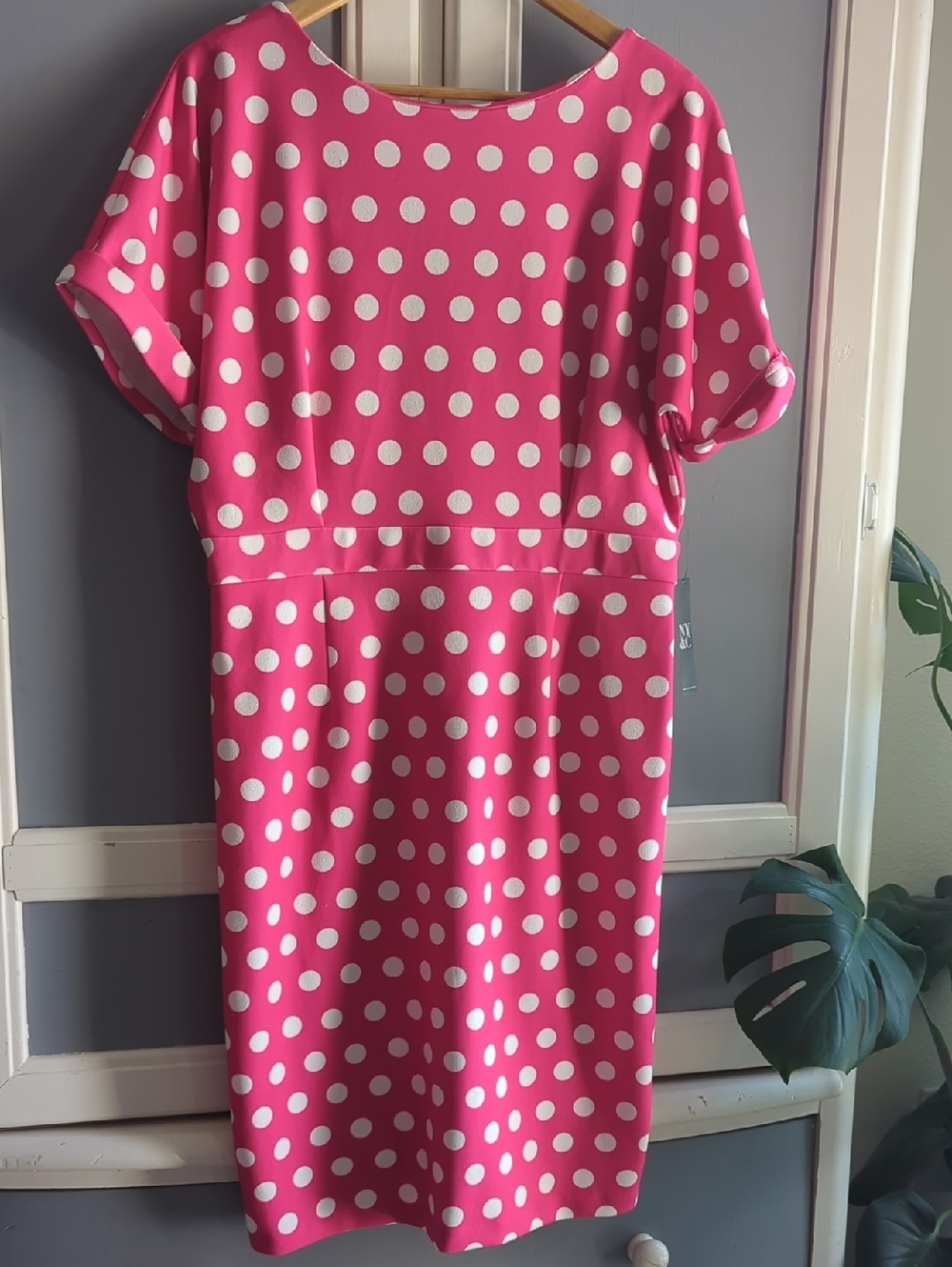 New York & Company Bright Pink and White Polka Dot Midi Dress NWT